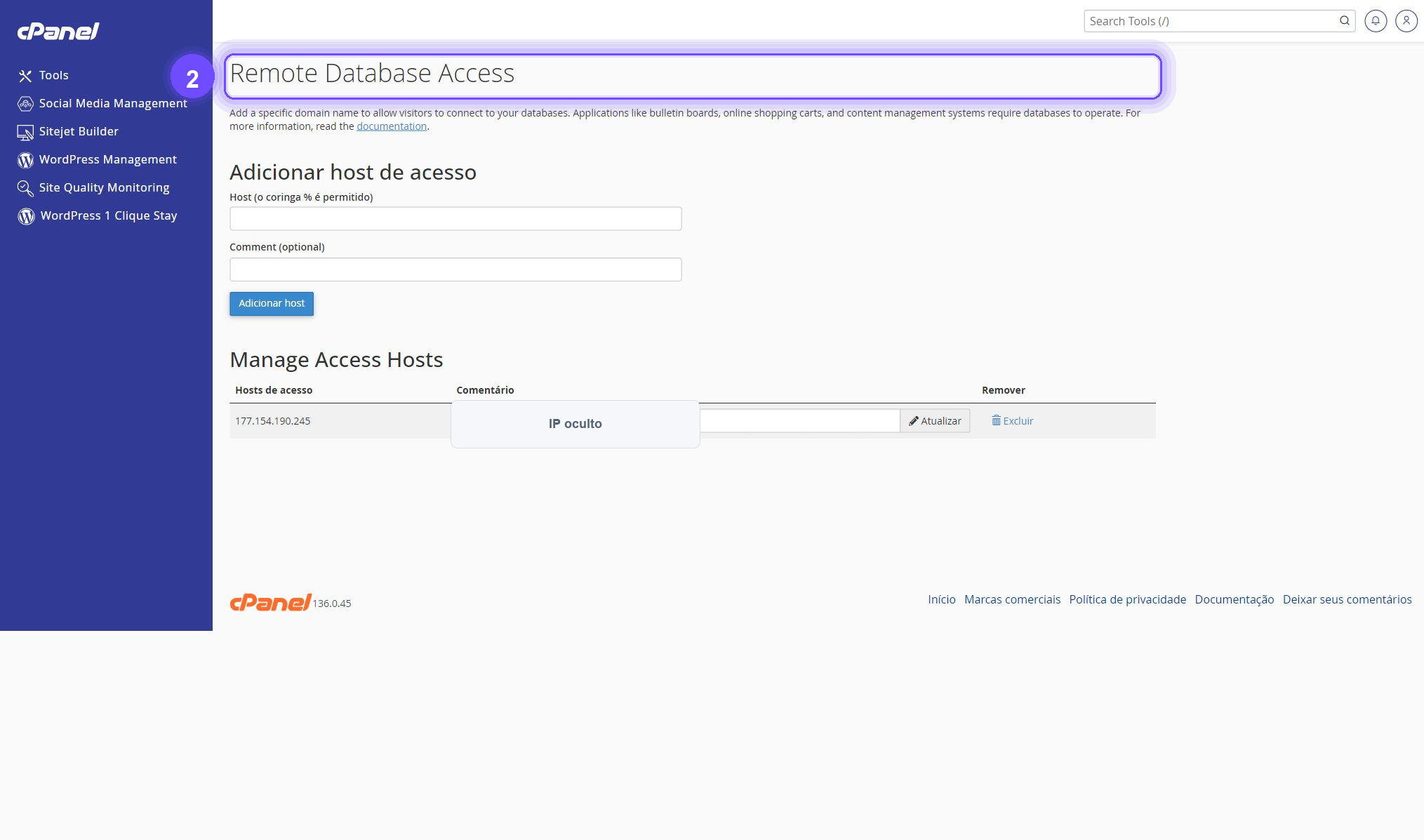 liberar acesso remoto ao MySQL no cPanel - Remote Database Access