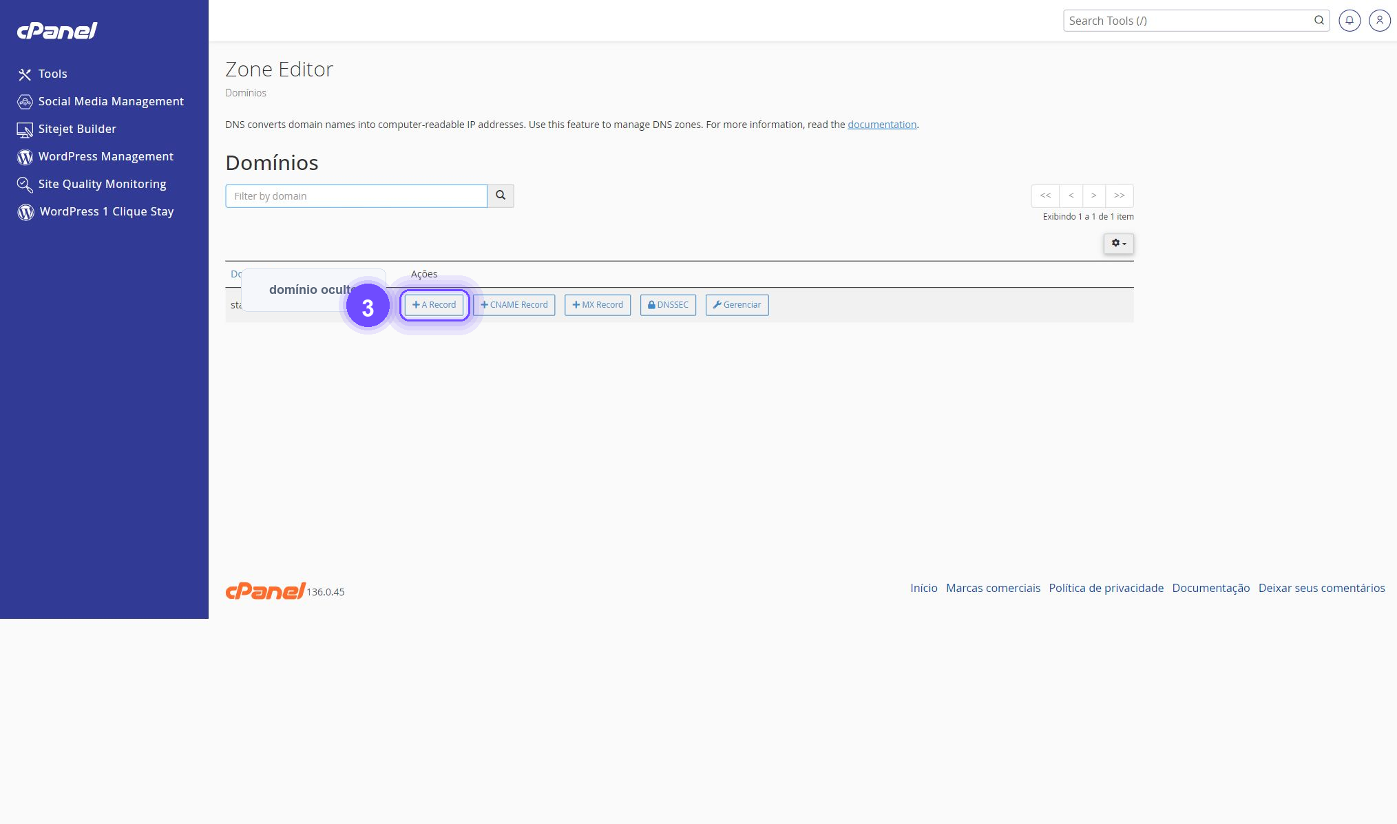 adicionar registro A no cPanel - botão A Record destacado