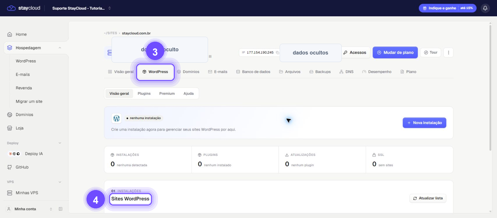 acessar WordPress na StayCloud - aba WordPress destacada