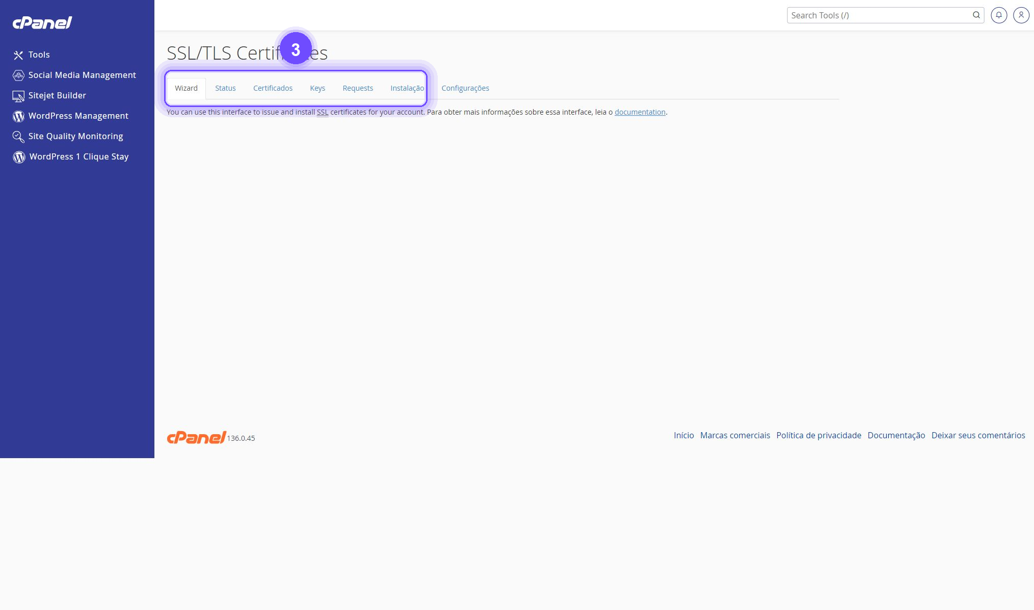 verificar SSL/TLS no cPanel - abas Status e Certificados