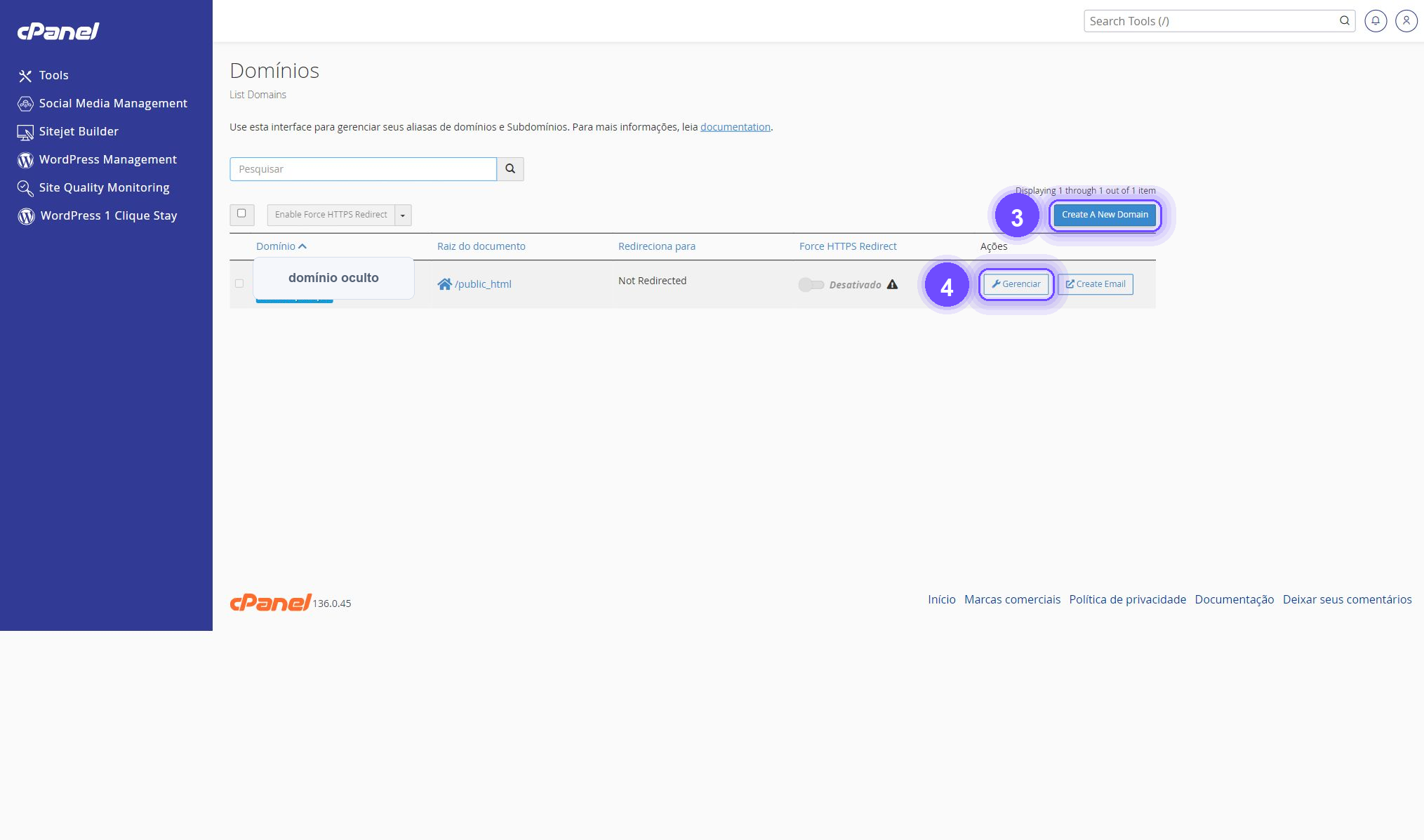 adicionar ou remover domínios no cPanel - Create A New Domain e Gerenciar