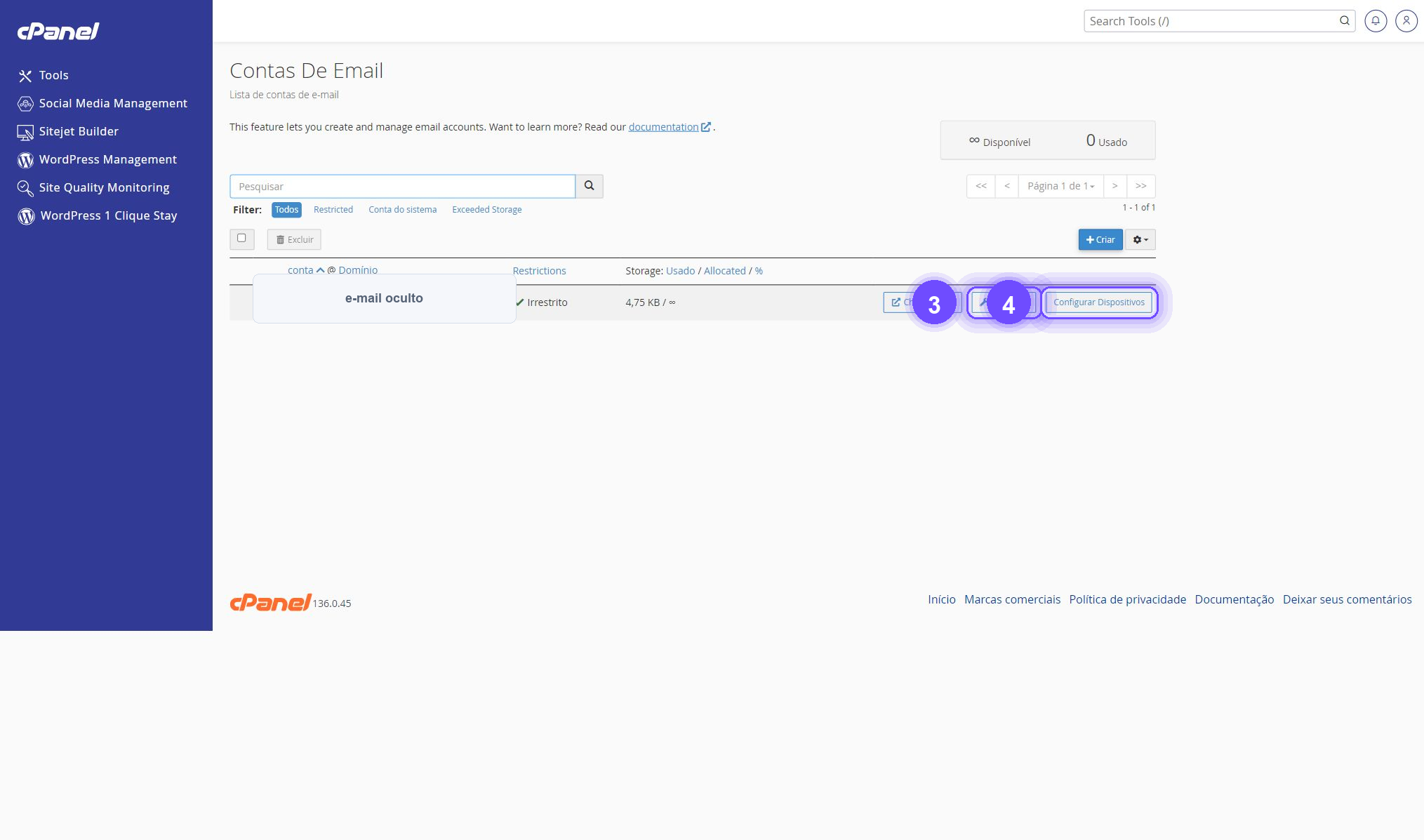 alterar senha de e-mail no cPanel - botão Gerenciar destacado