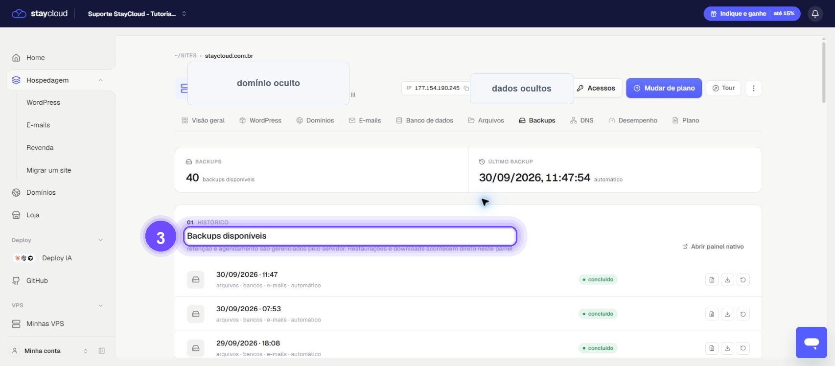 consultar backups no painel StayCloud - histórico de backups
