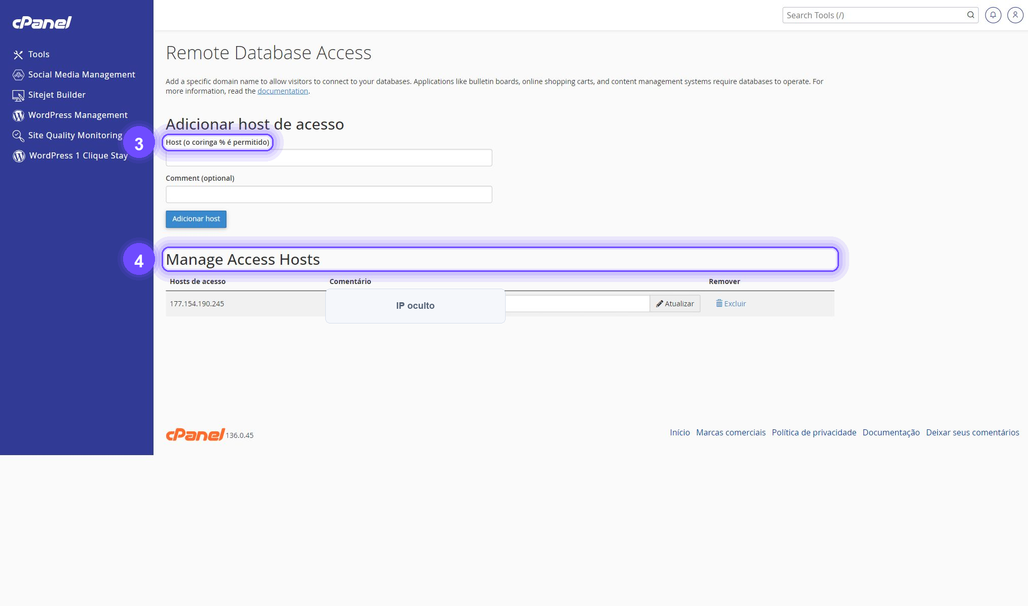 liberar acesso remoto ao MySQL no cPanel - host permitido destacado