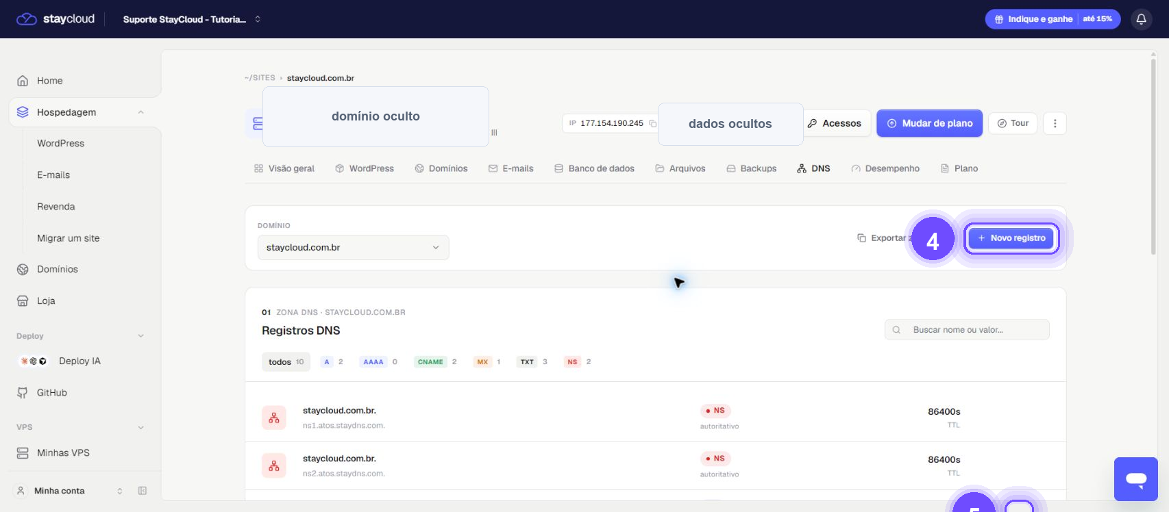 editar DNS da hospedagem no painel StayCloud - novo registro destacado