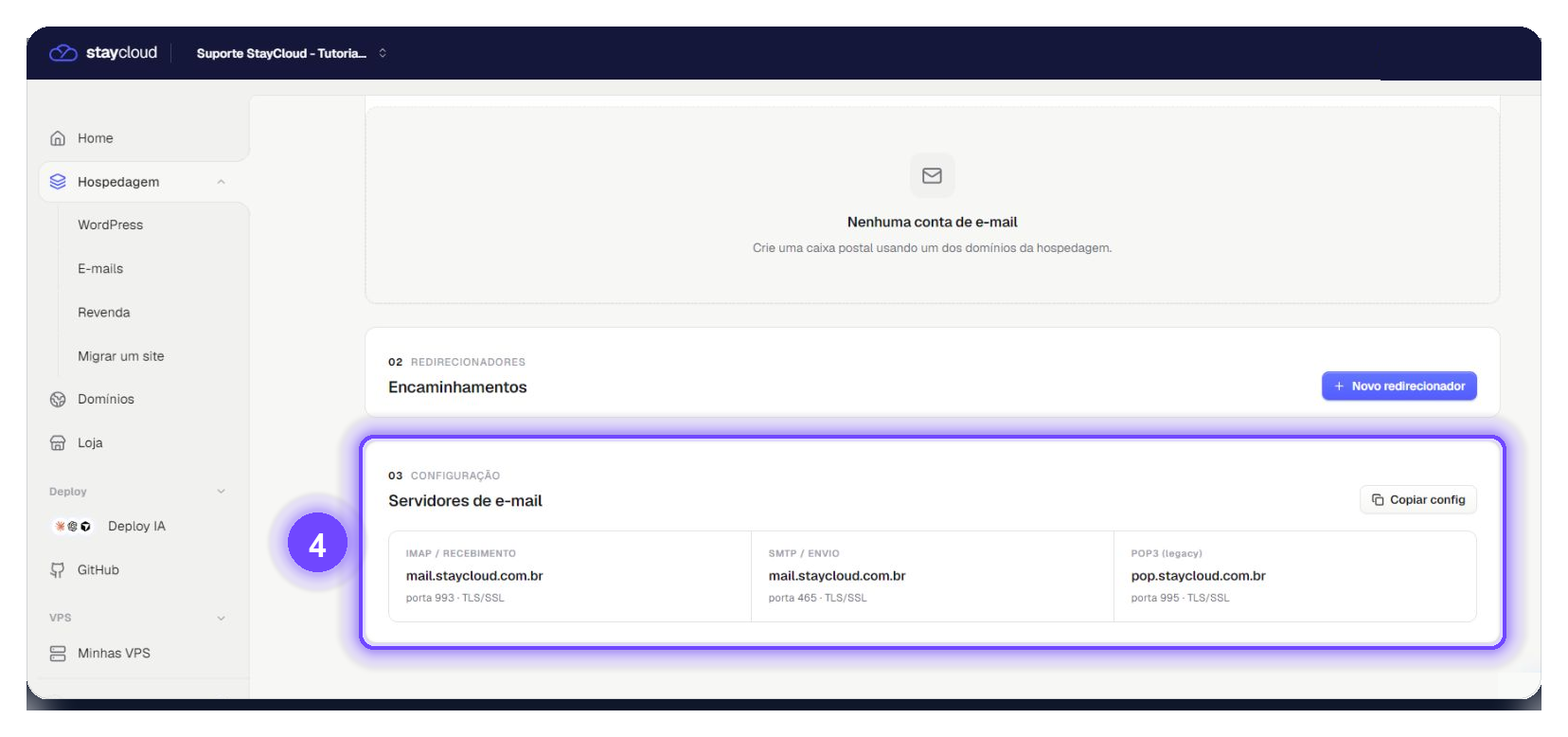 localizar dados de conexão de e-mail StayCloud - servidores IMAP SMTP e POP3 destacados